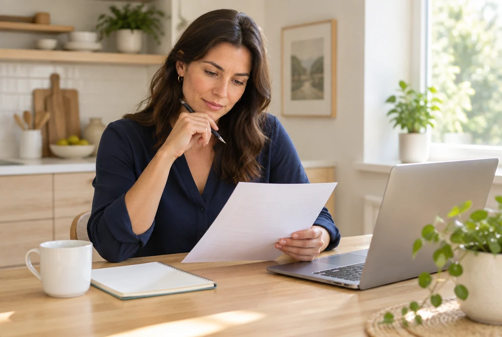 Illustrative scene of an adult reviewing documents beside a laptop