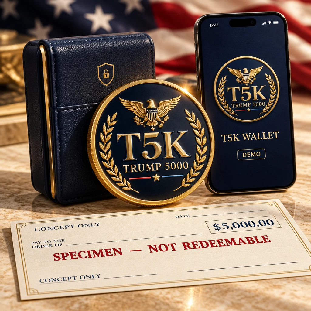 Concept artwork using the T5K eagle-and-laurel logo on a coin and demo crypto wallet, beside a $5,000 sample check marked Specimen — Not Redeemable