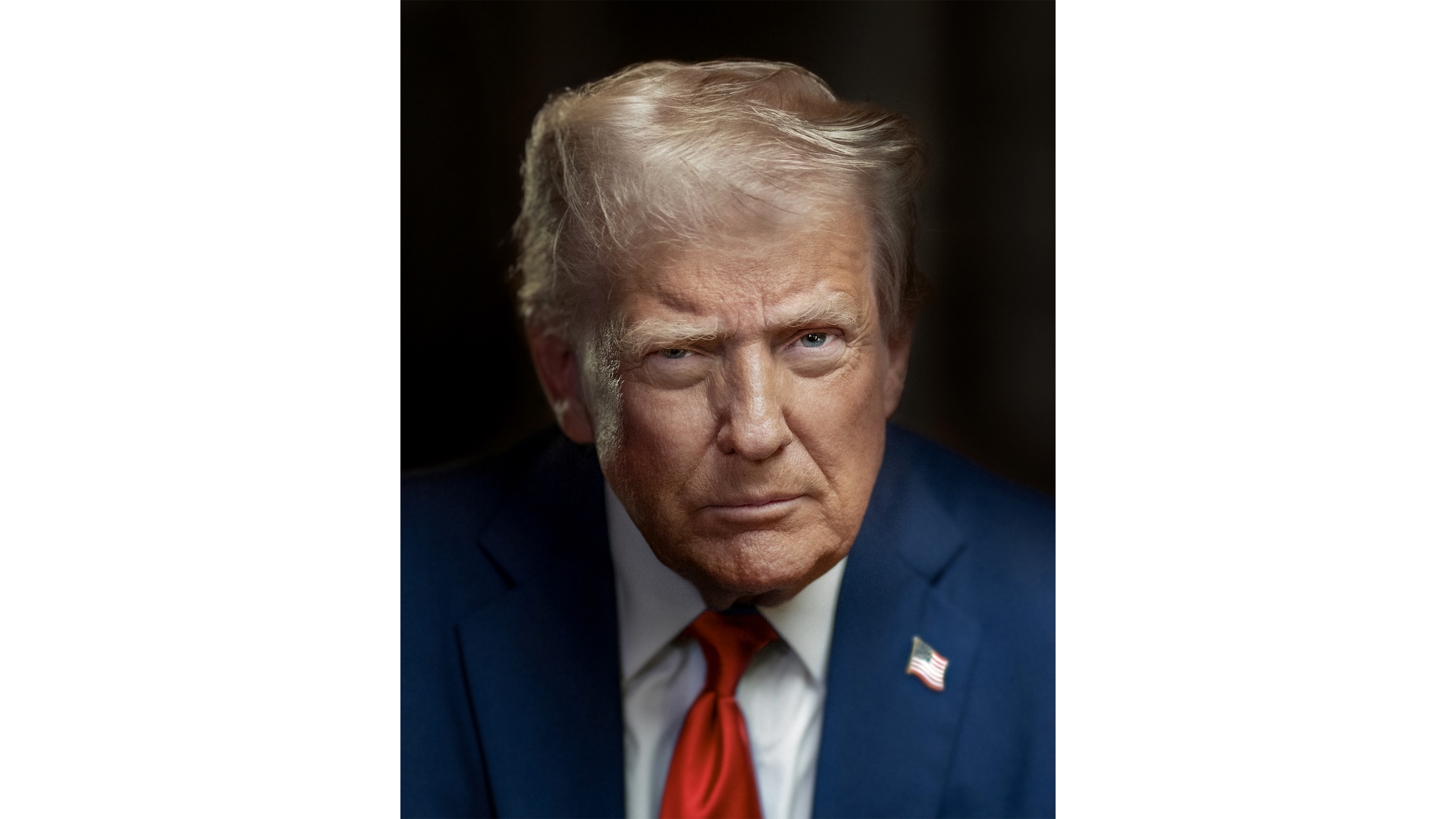 Donald Trump in his official presidential portrait, wearing a navy suit and red tie